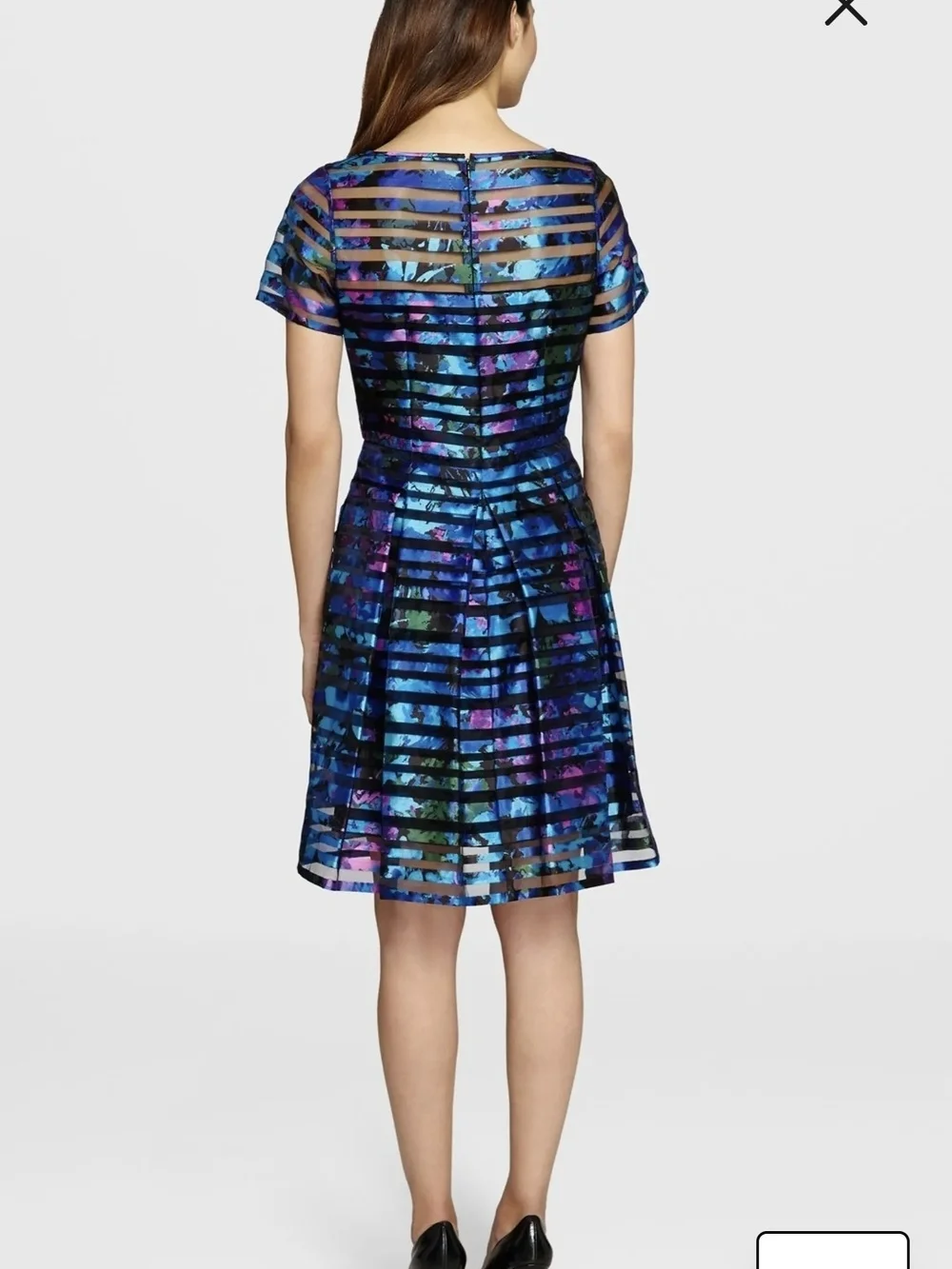 Tahari ASL Blue Multi-Color Striped Floral Burnout Fit & Flare Dress Size 6 - Picture 2 of 12